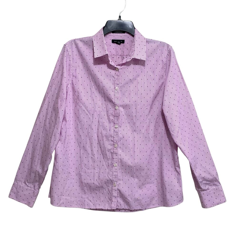Lands End Blouse Women Size 12 Lilac Polka Dot No Iron Supima Long Sleeve But-Up